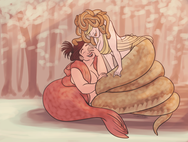 Girlfriends~ [ID: a digital drawing of two monster women sitting on a share by a forest. One is a selkie, with her top half out...