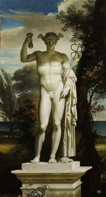 Statue of Mercury in a landscape. Charles Meynier. French. 1763-1832. oil on canvas.  