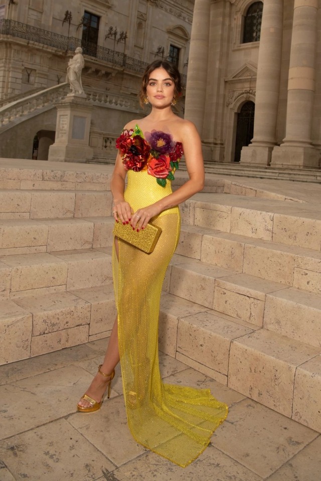 LUCY HALE at the Dolce & Gabbana Alta Moda Women’s Show on July 9th 2022 in Italy wearing custom DOLCE & GABBANA 
I can say 