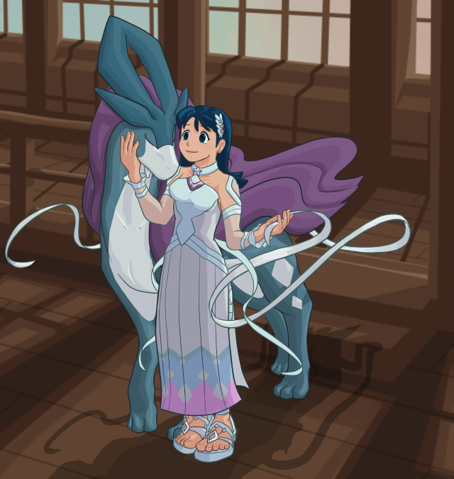 The same as the above image, but Crystal's dress is recolored white and pastel in accordance to the alternate color scheme for the Pokemon Masters Sygna suit.