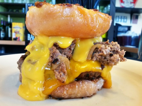 Say hello to our world famous Donut Cheesesteak Burger.
It’s a beautiful, delicious beast.
Only at PYT.
