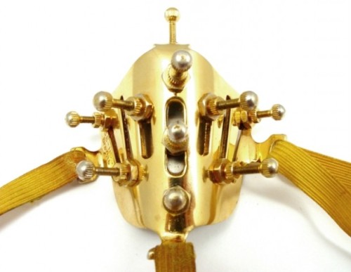 vintagemedical:  “An unusual early 20th century French nasal ‘Rectificateur’ which would have been applied after nasal fracture or facial injury. The apparatus was placed over the nose and held secure with straps around the back of the head. The