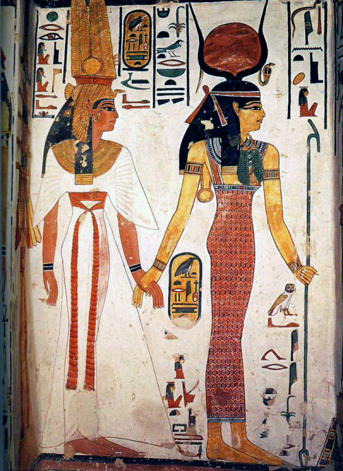 Painting from the tomb of 19th dynasty Queen Nefertari being led into the afterlife by the Goddess I