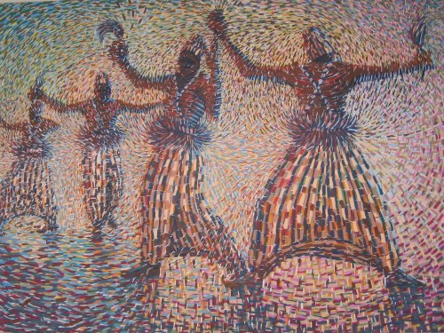 Ghanaian artist Betty Acquah captures dancing and moving figures in her series of colorful paintings