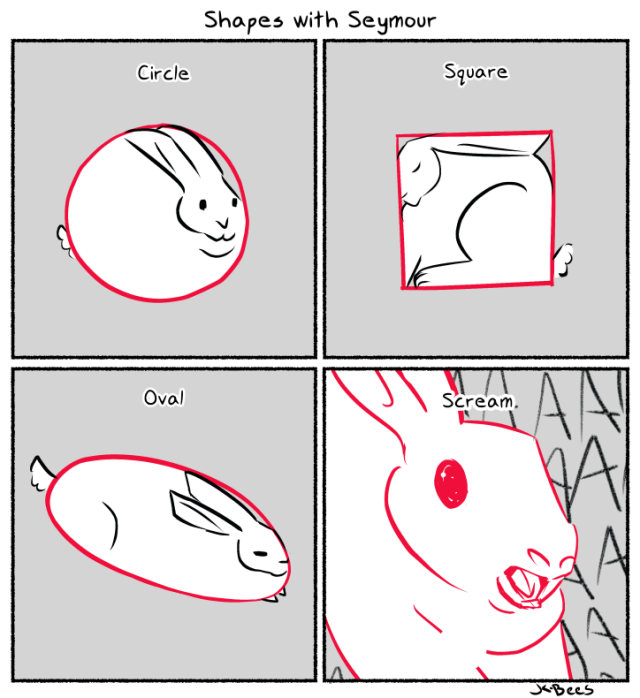 Four paneled comic titled "Shapes with Seymour." Each panel is labeled with a shape and has Seymour the rabbit forming the shape: circle, square, and oval. The fourth is labeled scream and is a close up of Seymour, mouth wide open in a "scream" with A's filling the space behind him.
