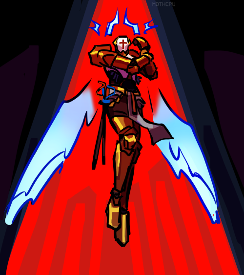 messy digital drawing of Gabriel from ULTRAKILL floating at a low angle, holding one of his forearms in a defensive stance. behind him is a spotlight-shaped red light.