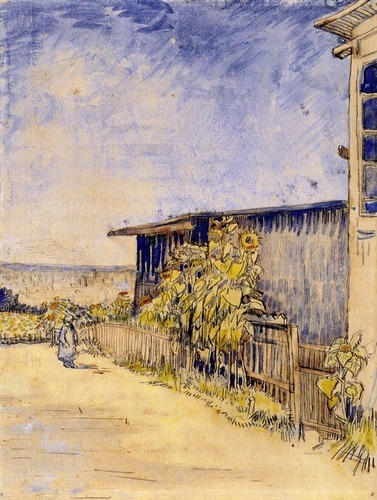 artist-vangogh:Shed with Sunflowers, 1887, Vincent van GoghMedium: ink,watercolor,paper