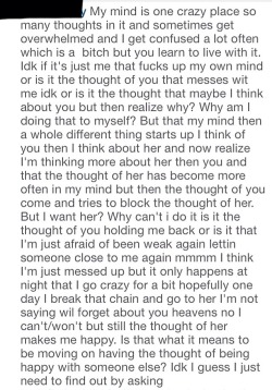 The things that run through my mind at night, this is why I can&rsquo;t really sleep to busy thinking about you and about her I want to let you go but it&rsquo;s hard when I think about you everyday which is weird because you have moved on you made it