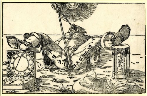 &lsquo;The Human Sundial&rsquo;, copy after Peter Flötner, c.1540-1550A satrical print 