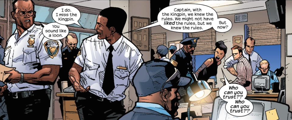 Running gag in Ultimate Spider-Man and any scene set in a police department!