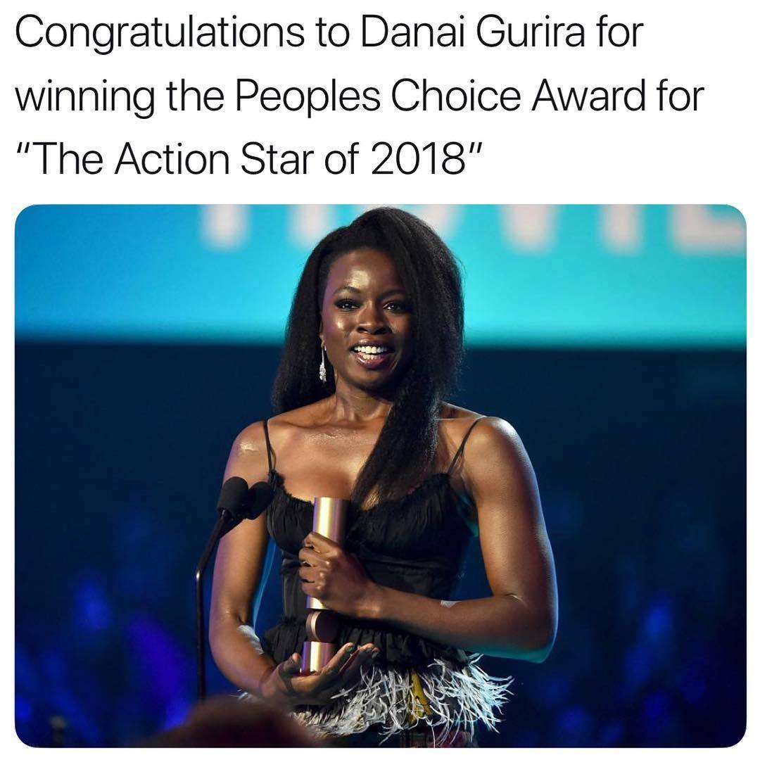 randomthingsthatilike123:  rootbeergoddess:  starsberrisnunicorns:  “...Gurira beat out Avengers: Infinity War’s Chris Hemsworth, Jurassic World star Chris Pratt, Deadpool 2’s Ryan Reynolds, and her Black Panther co-star, Chadwick Boseman, for the