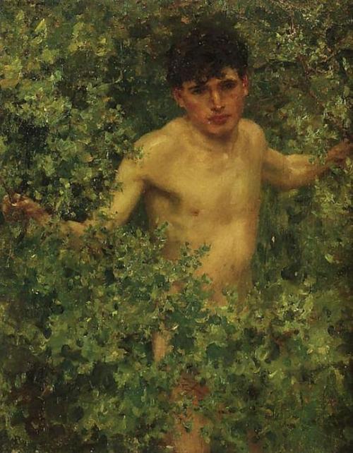 rho-prince-galleria:© the swimmer * henry scott tuke * 1910  Hier sehen wir ein besonderes Gemälde von Henry sott Tuke. The Swimmer, welches wahrscheinlich so gegen 1910 gemalt wurde. Der Junge Mann, der sich ein Weg bahnt, und die Sträucher und Zweige