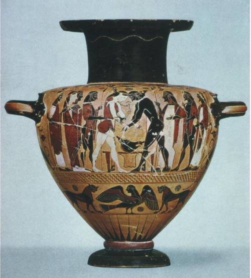 famousartthroughhistory:Hydria with Peleus wrestling Atalanta,from Chalkis, black-figure on ceramic,