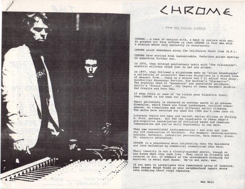 flyer, 8 1/2 x 11 in., chrome box set interview by max bell, circa 80s.