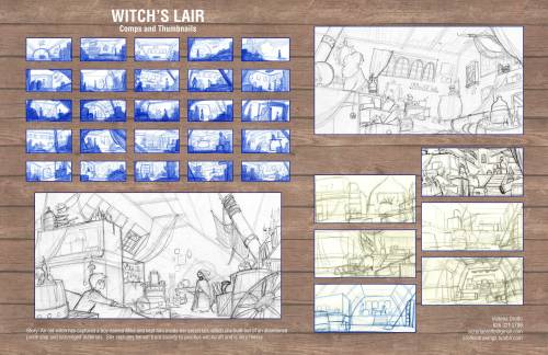 comps, props, and layout for a story about a witch who kidnaps a boy and keeps him in her abandoned 