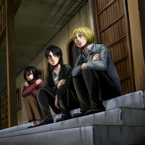leviskinnyjeans:  Au Smartpass Shingeki no Kyojin Mission Panel Wallpaper Eren, Mikasa, and ArminErw