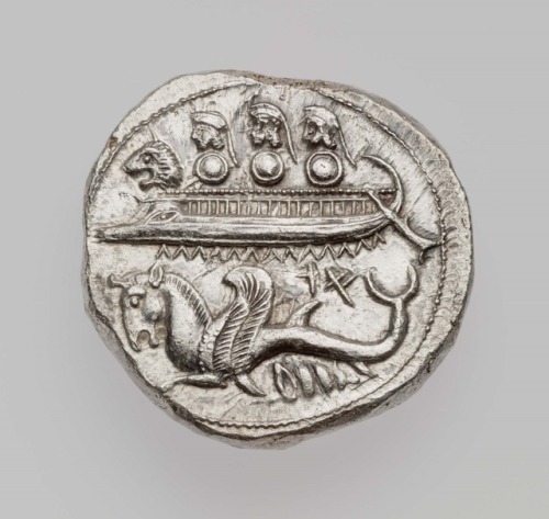 ancientanimalart:Stater of Byblos with galleyGreekLate Classical Periodabout 350 BCEInscription in P