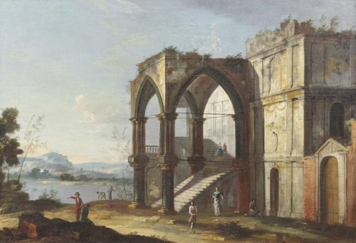 Apollonio Domenichini (1715 - 1770)An architectural capriccio with figures before an arch