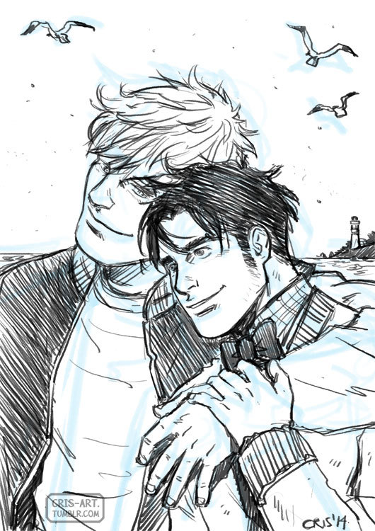 cris-art:  A Sketch, Jock and Nerd in a beach. :P  I think that is your happy end