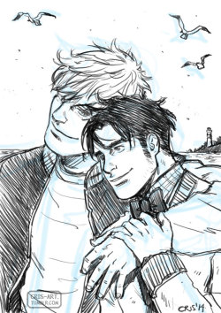 cris-art:  A Sketch, Jock and Nerd in a beach. :P  I think that is your happy end … have survived. ♥ I hope you like it!  