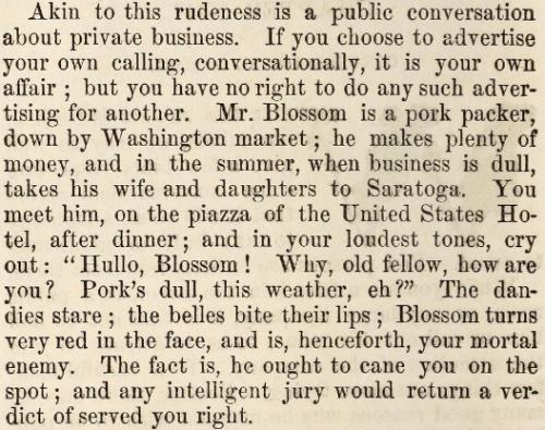 yesterdaysprint:    The Illustrated Book of Manners: A Manual of Good Behavior and Polite Accomplishments, 1866 The dandies stare; the belles bite their lips… 