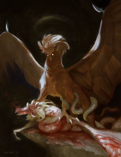 Nemeses, 2022 The gryphon Aetharu killing his mortal enemy, a wyvern. Part of an art trade with Llya