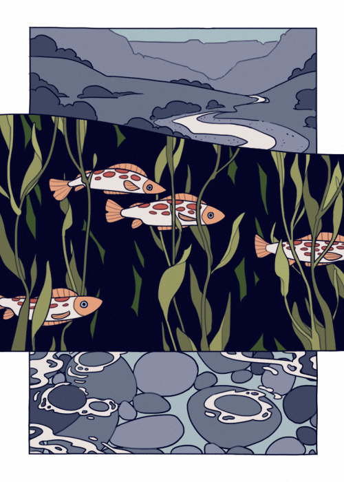 mellific: meander, a short comic about a river, and bivalves, and the fossil record. inspired of cou