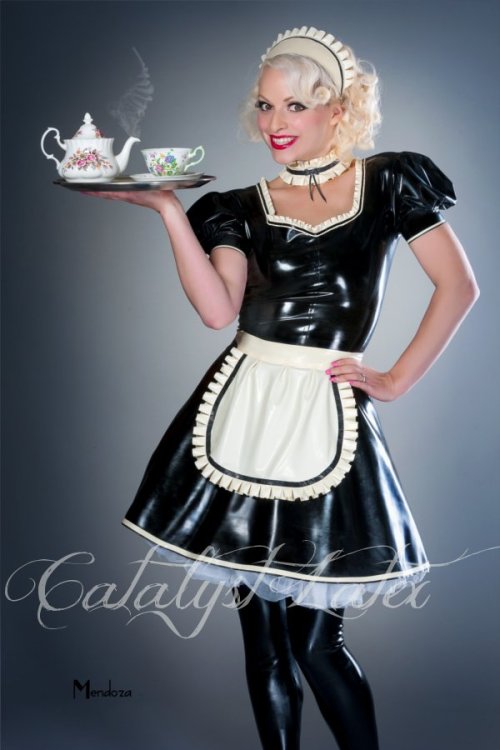 catalystlatex:  Stunning amazing new set in from Retro Photostudio Page of our newly designed French Maid Dress, complete with pinnie, hat and new choker. Model Jeanie Wishes http://www.catalystlatex.com/dresses/item/70-latex-french-maid  