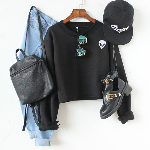 Black Alien Embroidered Crop Sweatshirt