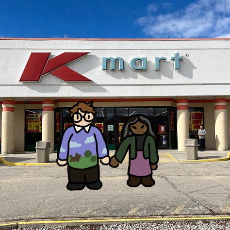 A simple digital drawing of Jon and Martin from The Magnus Archives overlayed on an image of KMart.