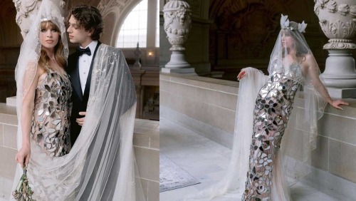 Ivy Getty wears Maison Margiela by John Galliano bridal gown.John Galliano and Alexis Roche on the t