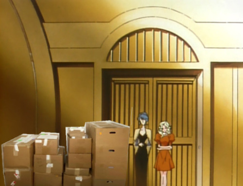 Kanae and her mother in front of a bunch of photoshopped suspicious looking boxes that may or may not contain government documents and classified information