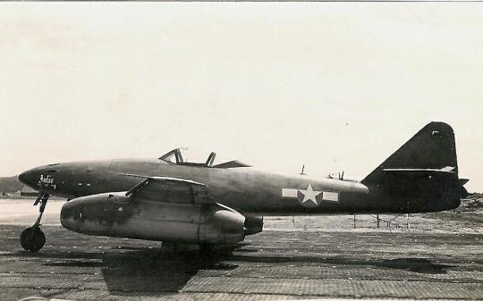 Captured German ME262 with a USAF white painted star and the name Julie painted on the nose.
