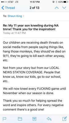 4mysquad:  11 &amp; 12 year old kids getting death threats and called monkeys for taking a knee before a game. #blacklivesmatter  