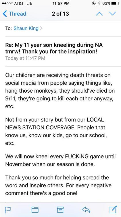 4mysquad:  11 & 12 year old kids getting death threats and called monkeys for taking a knee before a game. #blacklivesmatter  