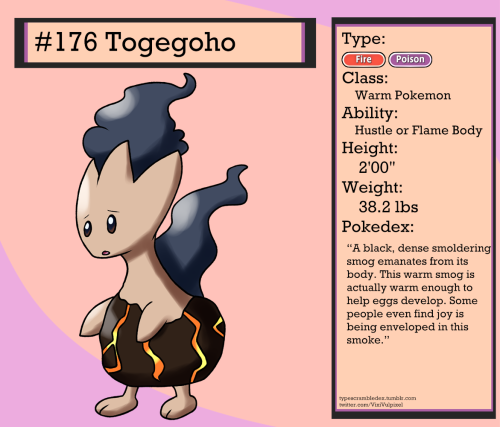 176 - TogegohoWarm Pokemon“A black, dense smoldering smog emanates from its body. This warm smog is 