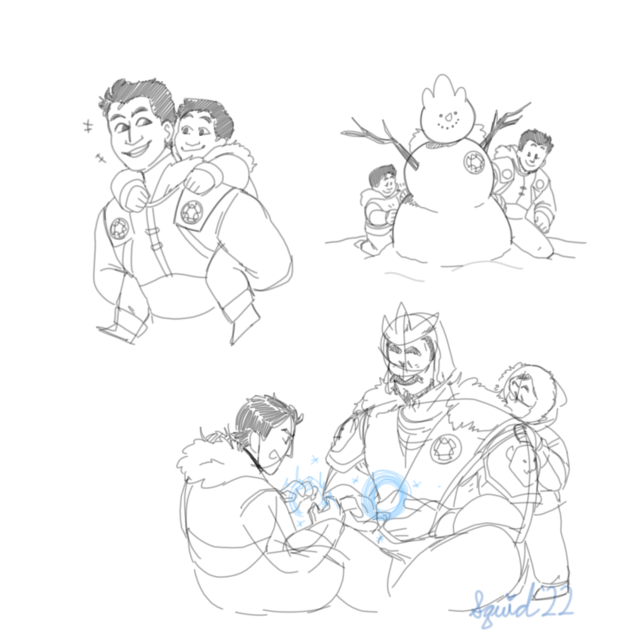 three sketches involving young versions of Bi-Han and Kuai Liang. the first is Bi-Han carrying Kuai on his back, the second is the two of them building a snowman that vaguely resembles the mk deception outfit for Sub-Zero, with three points at the top of its head and extra snow at the neck to act as fluff. The last is Bi-Han sitting criss-cross with an older man wearing that same get up that inspired the snowman. He's displaying a simple ball of ice resting in his hands that Bi-Han's attempting to emulate while Kuai Liang looks on peering over the older man's shoulder.