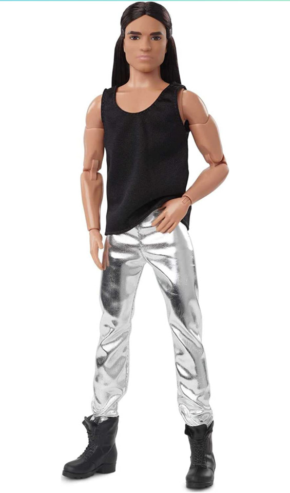 A product photo of a Ken doll with tan skin, long dark hair, and fully-articulated knee, elbow, ankle, and wrist joints