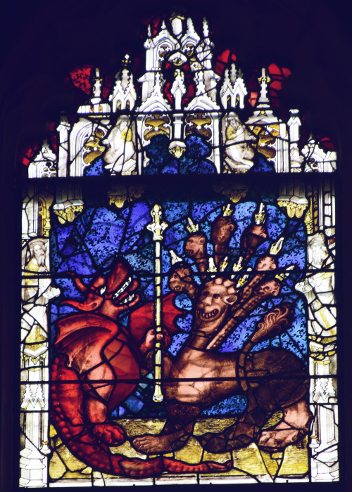 Depictions of Lucifer and the Great Beast from the East Window Stained Glass- York Minster, UK 