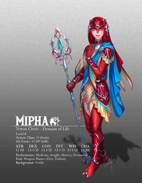 I decided to make D&D 5e builds for all the Champions - here’s Mipha! :D Went for level 6 becaus
