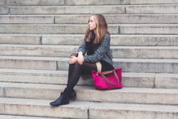 Pantyhoseparty:  Grey Coat With Beige Wool Dress And Black Pantyhose By A Cup Of