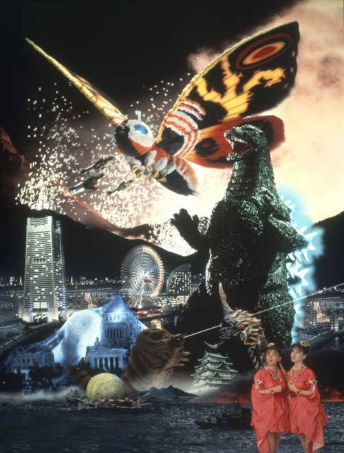 astoundingbeyondbelief:Textless Godzilla vs. Mothra poster.