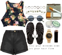 delahey:  woolfen:  Untitled #265 by woolfen featuring leather shoes Topshop leather shorts / Leather shoes, ๰ / American Apparel gold watch / Iosselliani , 赼 / Flower hair accessory / Vintage sunglasses / L’Occitane    oh my godness 