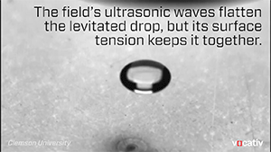 zerostatereflex:  Scientists used a powerful acoustic field to float a liquid droplet