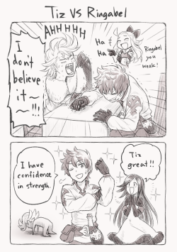 satokivi2:  Arm wrestling :DI’m interested in their STR status about Edea&gt;Tiz&gt;Ringabel&gt;Agnès. 