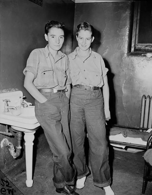 Evelyn Bross and Catherine Barscz, a couple, photographed after their arrest for cross-dressing and 