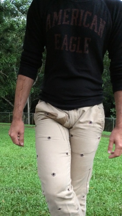 wetboi808:  Held it as long as I could, squirming all the way to the park… Then lost control and flooded my tight khakis, filling my shoes… Now for the squishy walk home… 