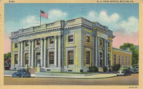 Postcard: “U.S. Post Office, Butler , PA.” Postmarked Chicora, Pennsylvania, 17 October 1955.