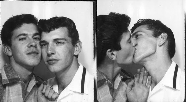 Two men kissing in a photobooth in 1953.