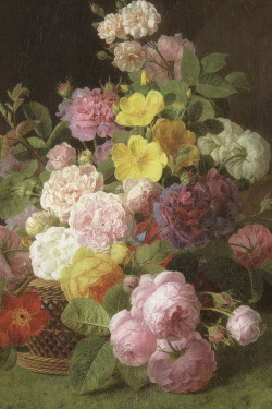 void-dance:  Painting by Jan Frans van Dael (Dutch, 1764-1840): Roses, Peonies and other flowers on a ledge  